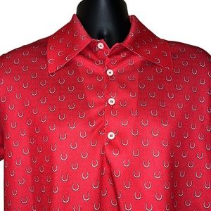 Vintage 70s IZOD Red Polo Polyester Shirt~HORSESHOES~equestrian themed~M